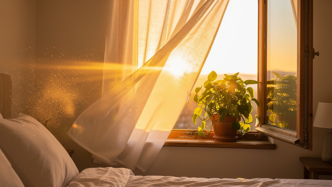 Bright morning sunlight streaming through bedroom window