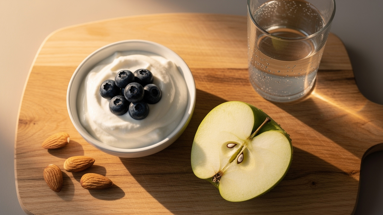 Healthy evening snack with Greek yogurt, nuts, and apple