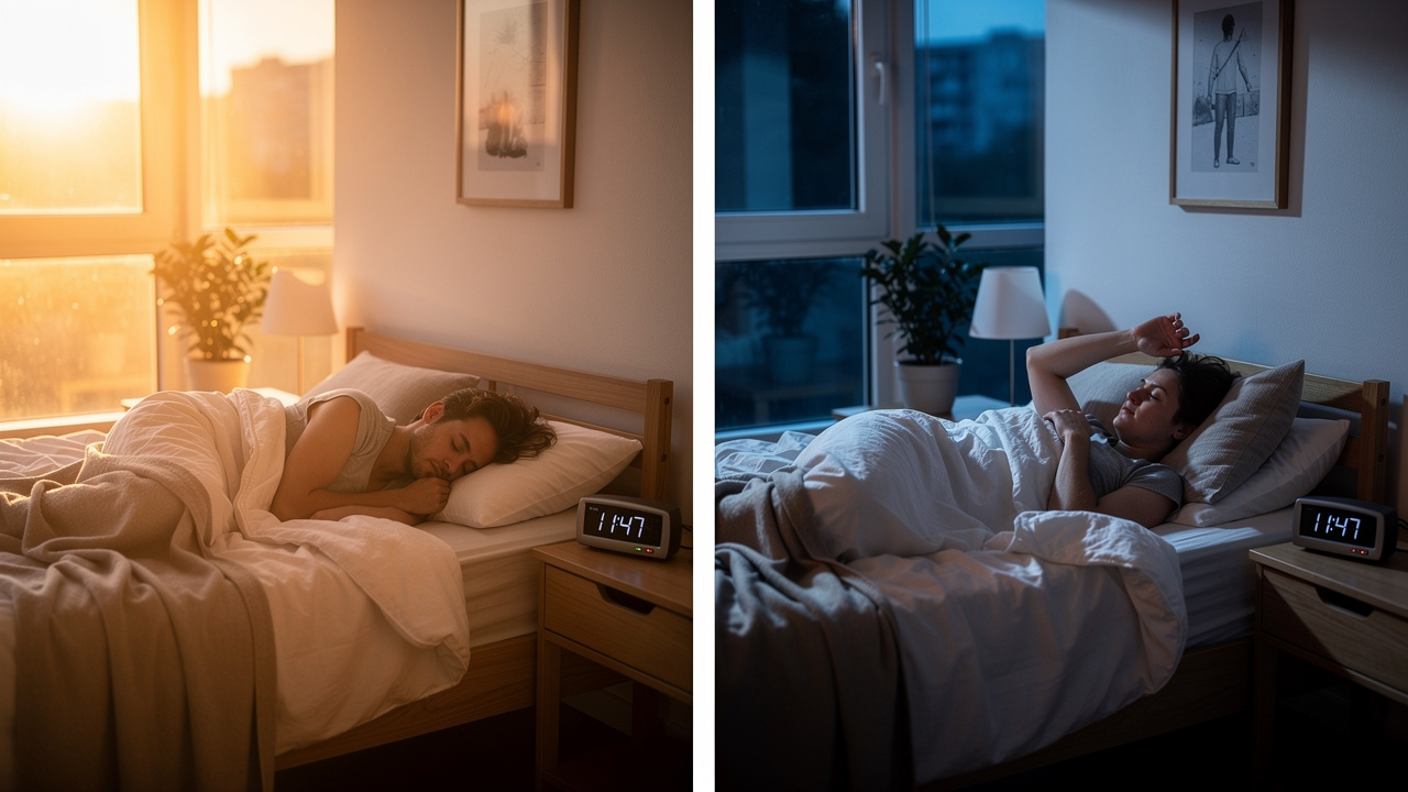 Day and night bedroom scenes showing natural sleep-wake patterns