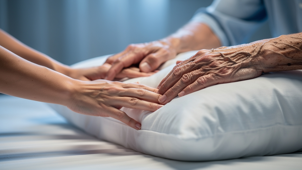Three generations of hands reaching toward a pillow