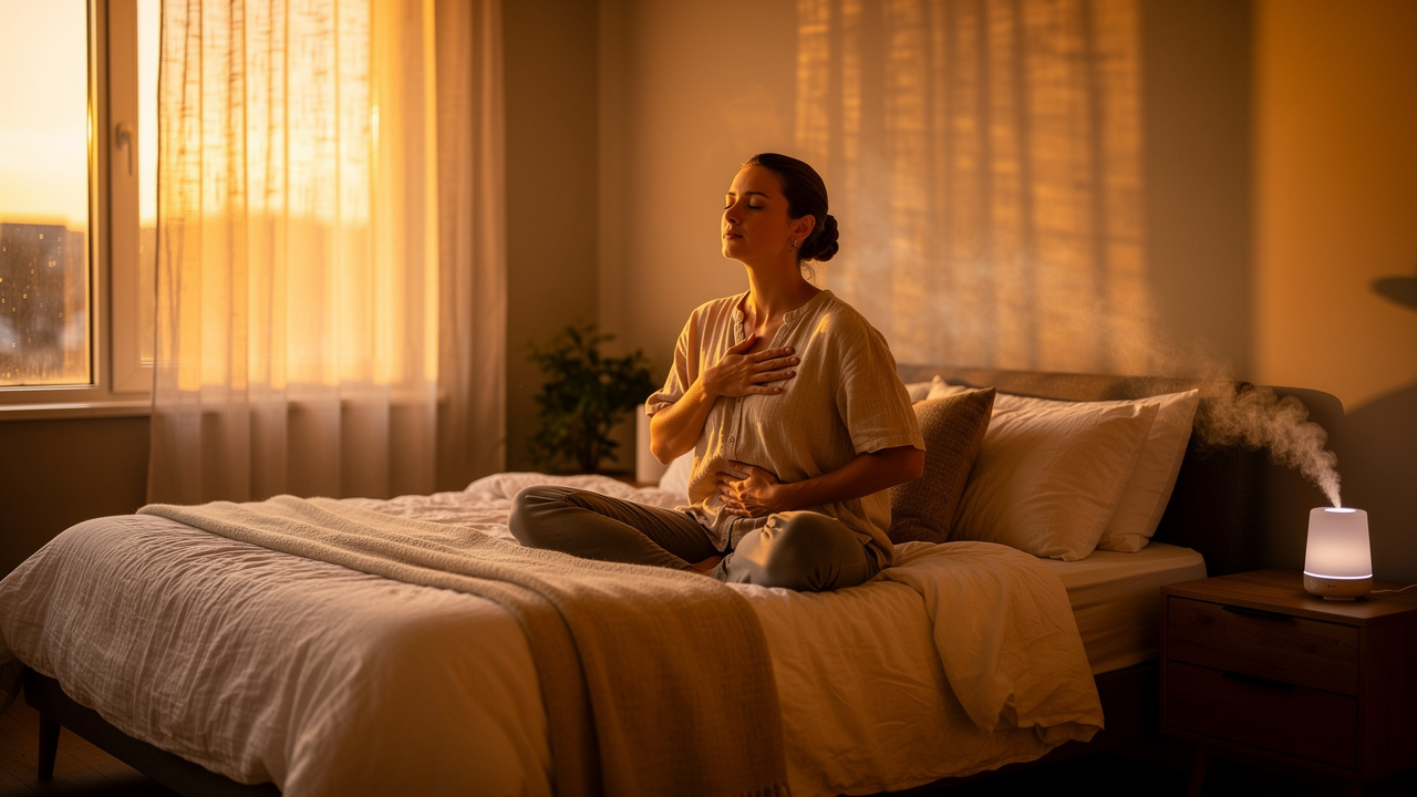 Person practicing calming breathing exercises at bedtime