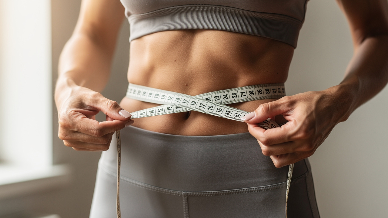 Person measuring waist circumference for body composition tracking