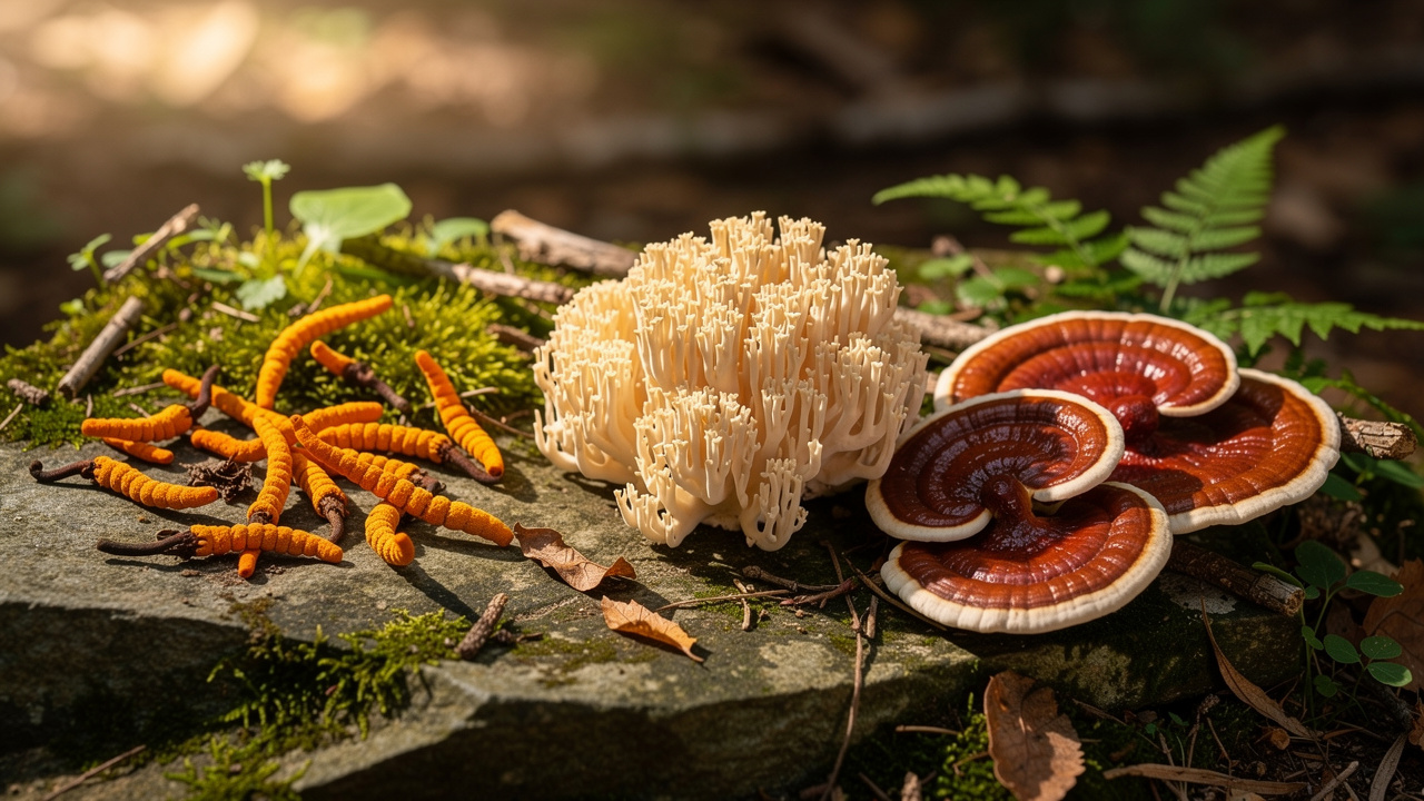 Medicinal mushrooms including cordyceps, lion's mane, and reishi