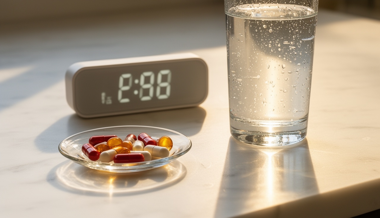 Morning supplement routine with capsules and water glass