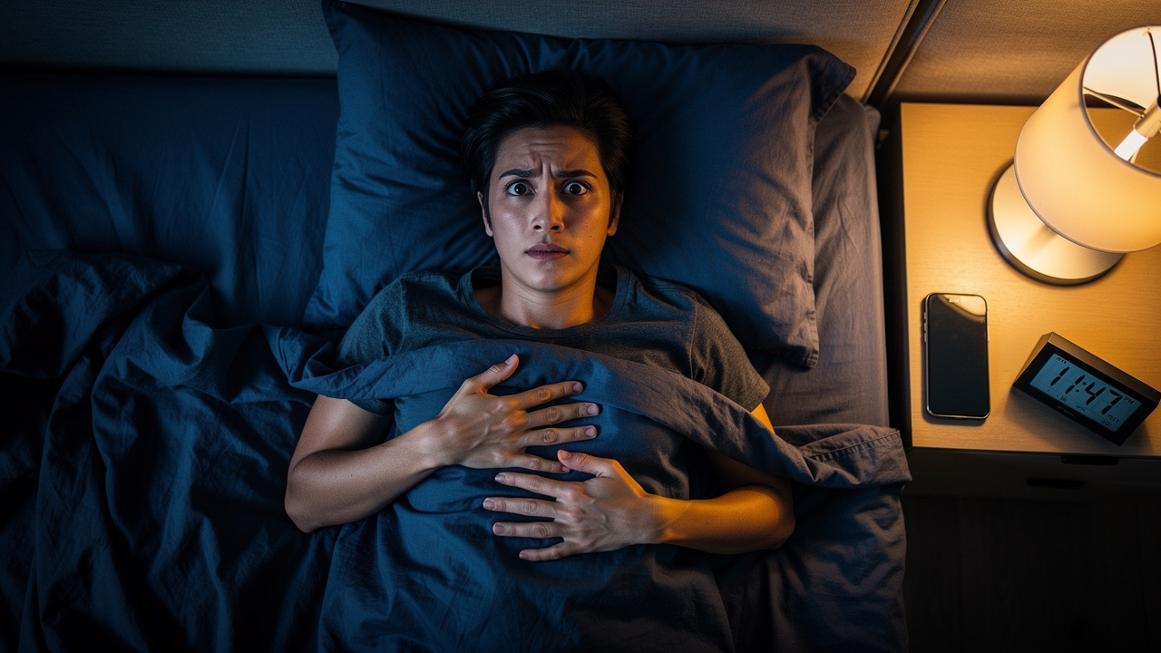 Person experiencing difficulty falling asleep with racing thoughts