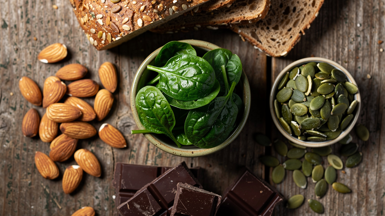 Magnesium-rich foods including leafy greens and nuts
