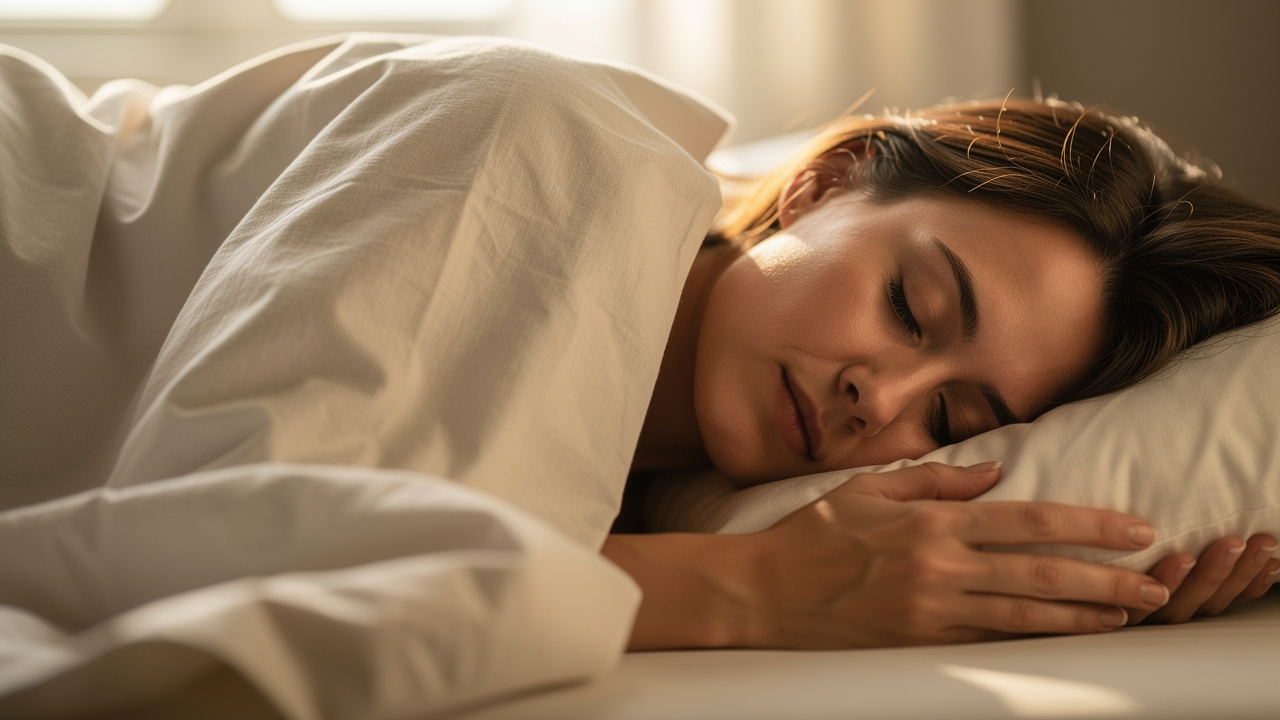 Person experiencing deep restful sleep in comfortable bedding