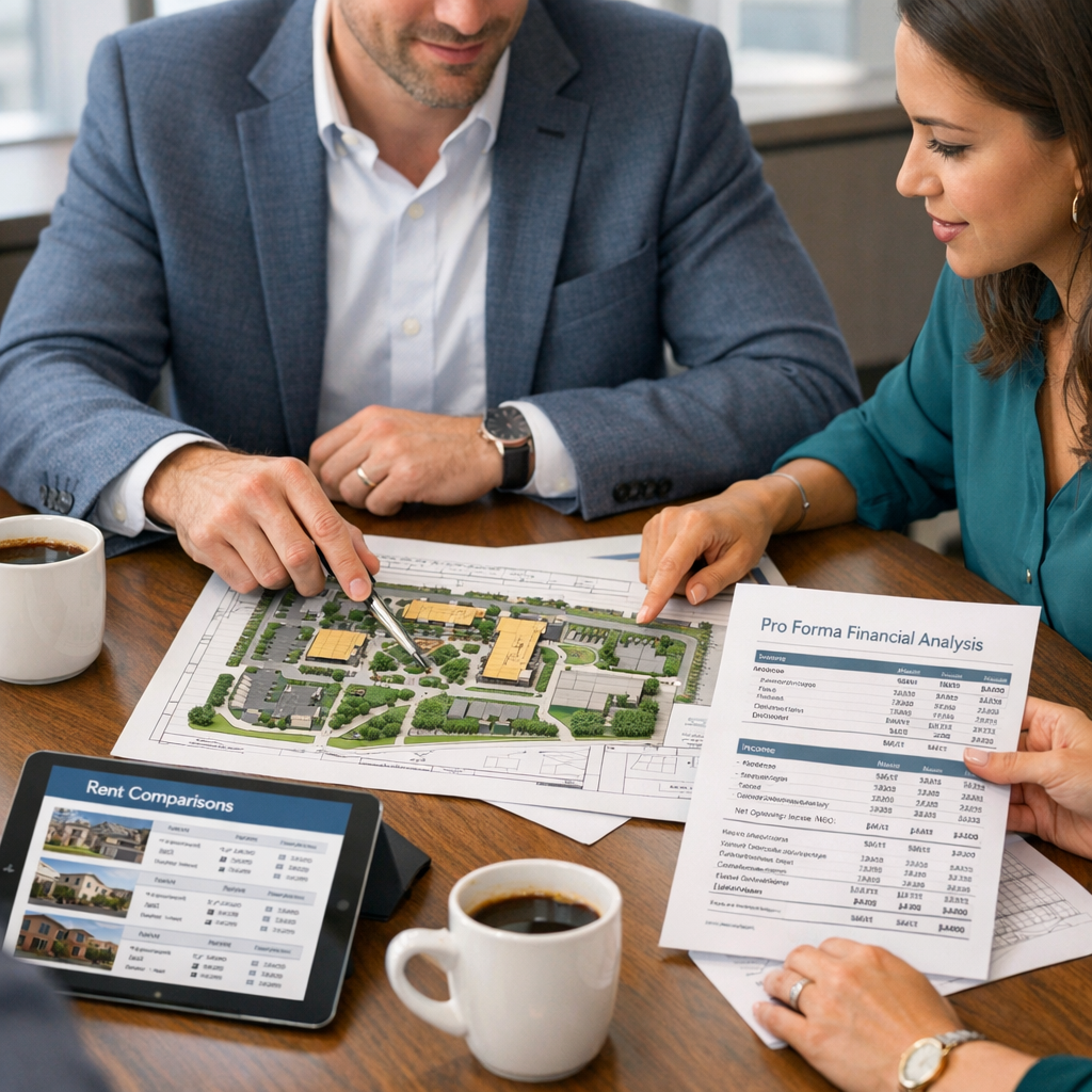 Modern, photorealistic in-content image of an investor team reviewing property plans and a pro forma at a conference table...