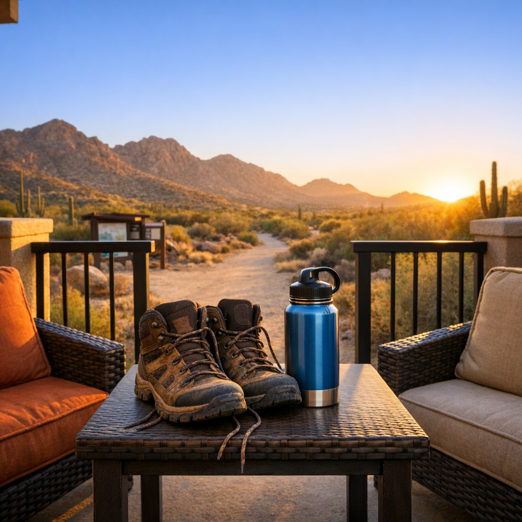 Mid-page photorealistic image of a cozy condo patio overlooking a desert trailhead at sunrise, a pair of hiking boots and ...