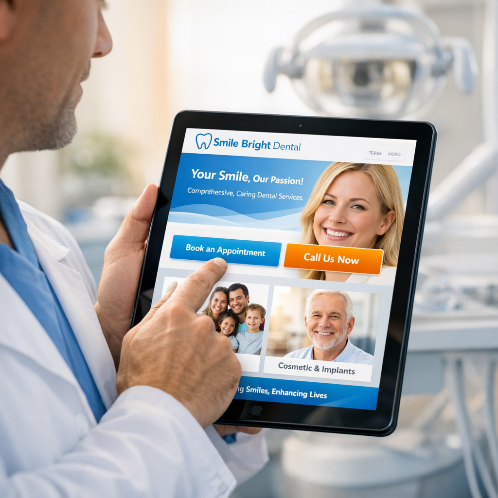 Dental Website Design Best Practices 2024: SEO, UX & Conversions 2 Photorealistic close-up of a dentist reviewing a tablet showing a landing page with strong CTA buttons and patient photos,...