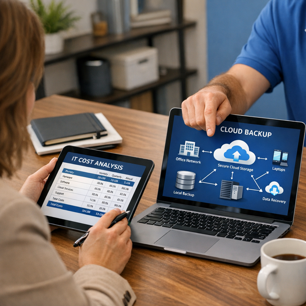 Network System Solutions | Cost Of Managed IT Services Vs In-House IT Staff, Arizona AZ Photorealistic mid-shot of a conference table with an office manager reviewing an IT cost spreadsheet on a tablet while an...