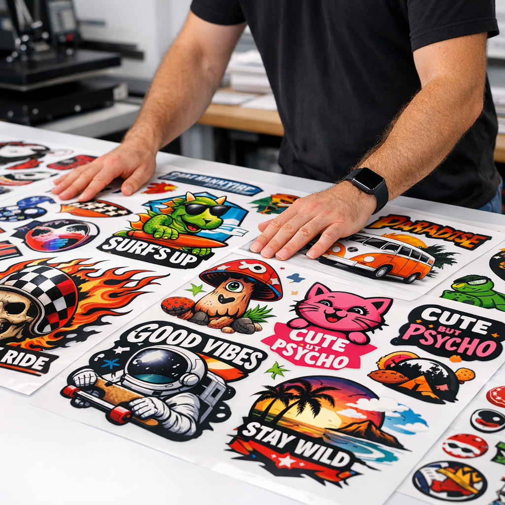Close-up photorealistic image of a technician arranging multiple gang sheets on a clean worktable, showing vibrant prints ...