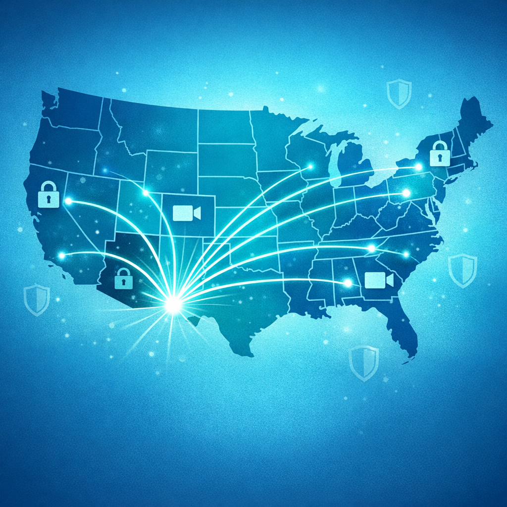 In-content image showing a map-style conceptual scene with a glowing connection line from Arizona to multiple U.S. states,...