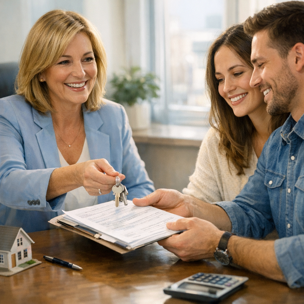 Photorealistic mid-page image showing a friendly closing agent at a desk handing final papers and keys to a smiling buyer ...