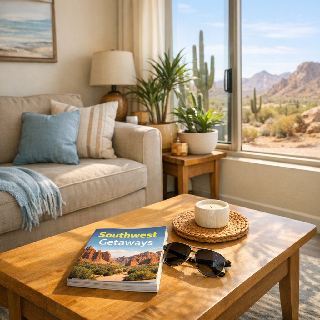 Photorealistic mid-shot of a sunlit living room in a small vacation condo, ready for a couple: comfy sofa with throw pillo...