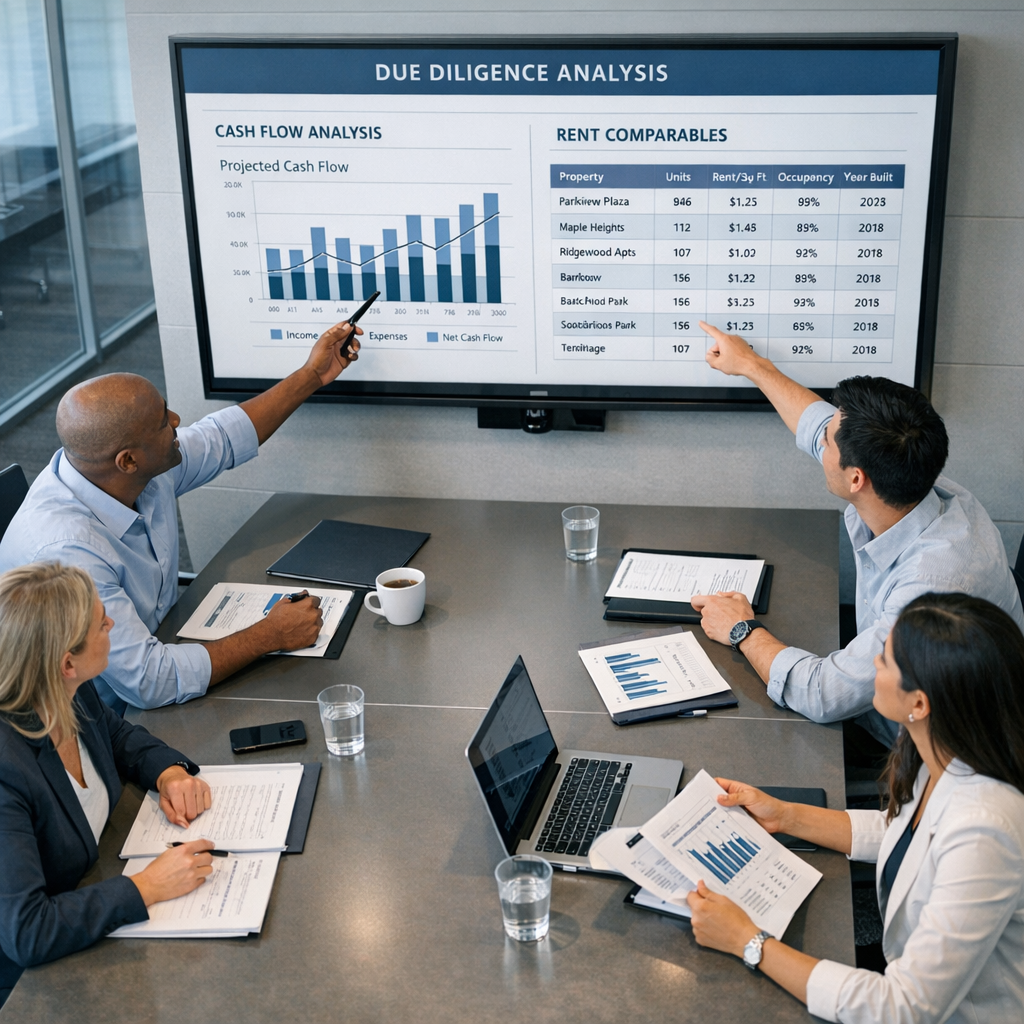 Photorealistic mid-article scene of a due-diligence meeting in a modern conference room; a diverse team points at a large ...