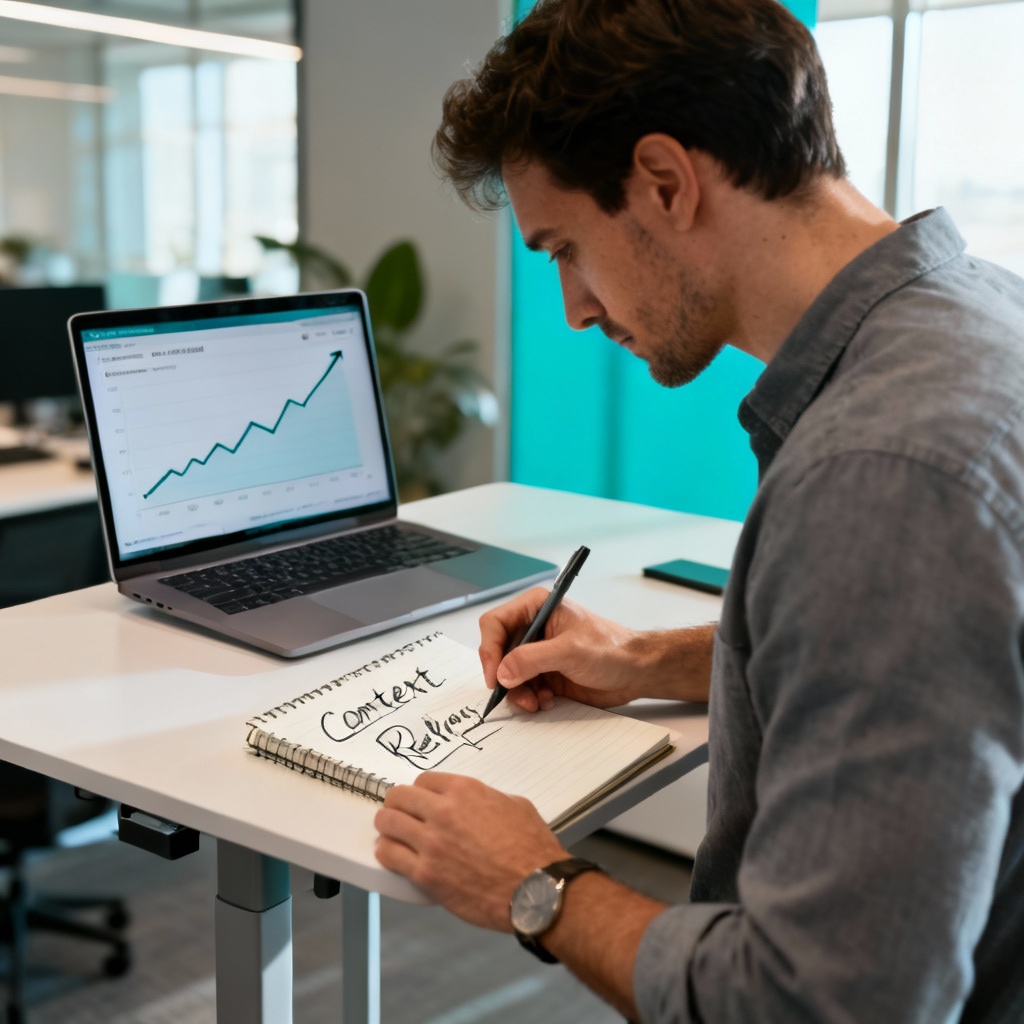 Clean, photorealistic mid-article image of a marketer at a standing desk, sketching a simple content refresh plan on a not...