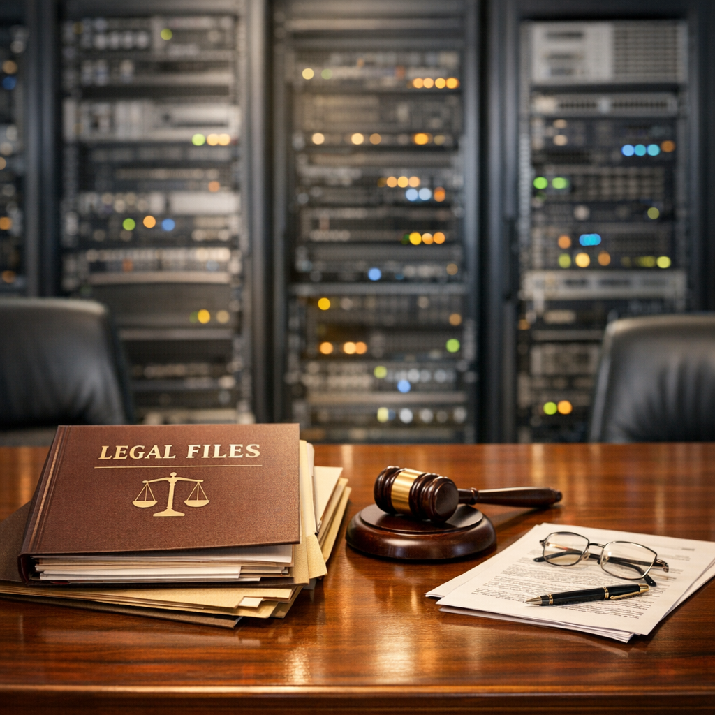 Close-up, photorealistic view of a server room with a polished wooden conference table in the foreground and legal files o...