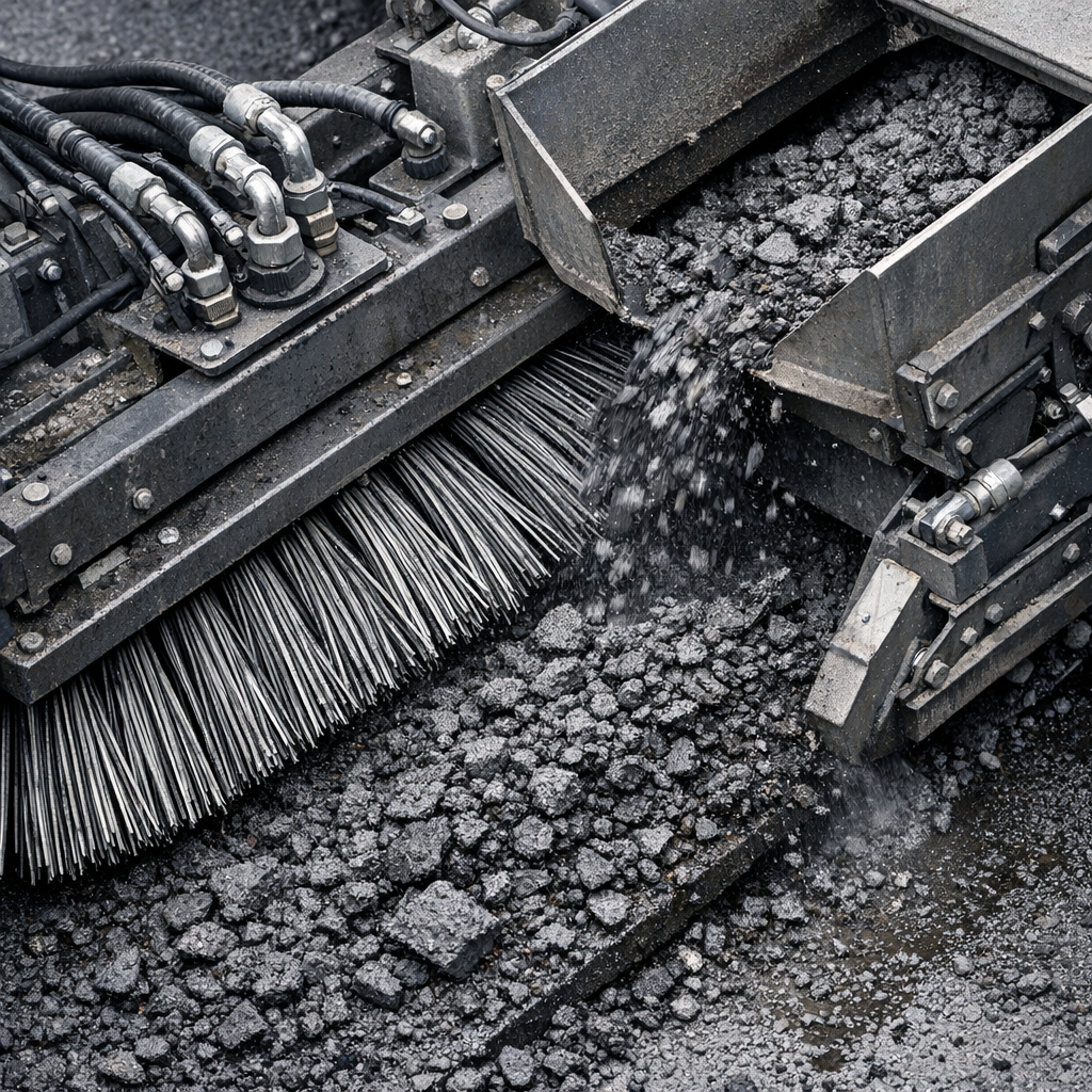 Photorealistic close-up of a mechanical broom and conveyor system removing asphalt milling debris, high-detail technical s...