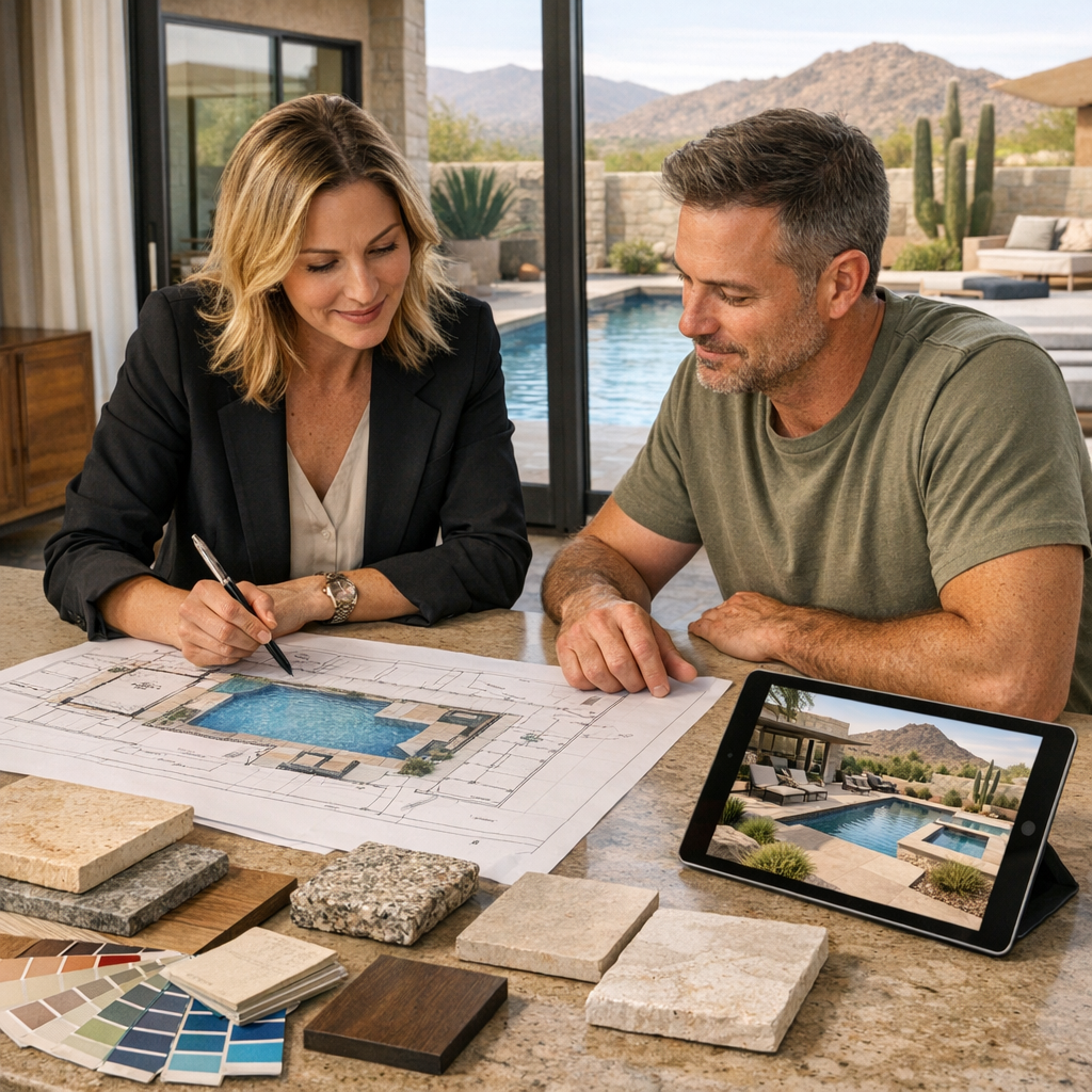 Photorealistic in-context image of a designer and homeowner reviewing pool renovation plans at a kitchen island, modern de...