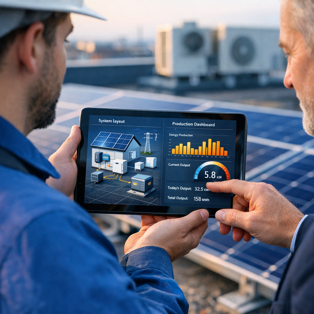 Photorealistic mid-shot of a technician and dealer reviewing a tablet showing a system layout and production dashboard, mo...