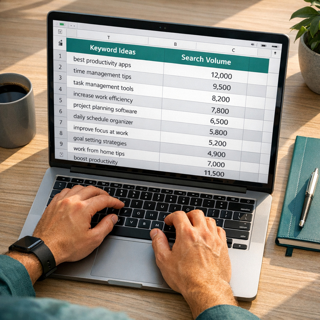 Close-up, photorealistic scene of a person using a laptop with a visible spreadsheet showing keyword ideas and search volu...