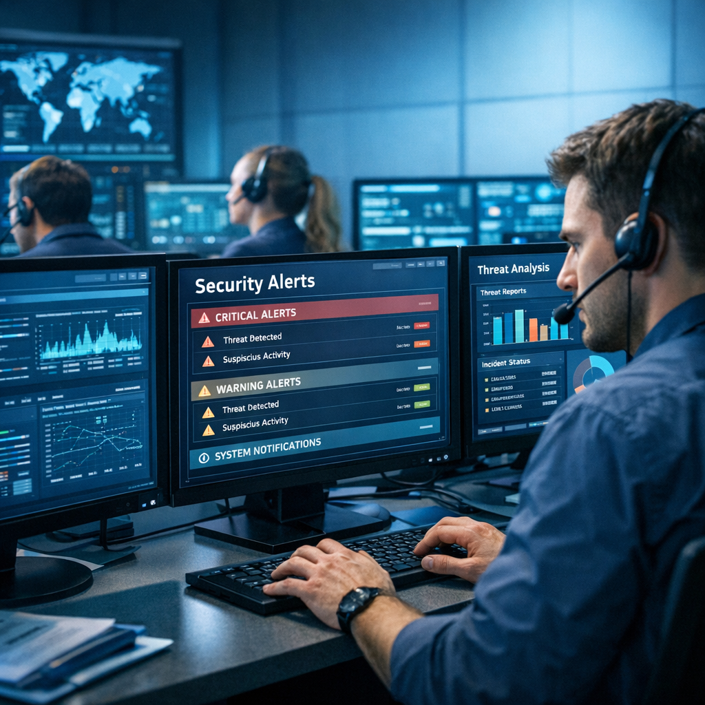 Photorealistic close-up of a security operations center team monitoring dashboards, modern office environment, professiona...