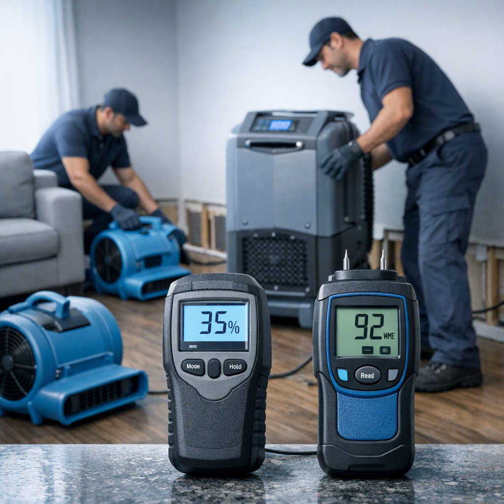 Photorealistic mid-shot of technicians placing air movers and a large dehumidifier in a living room with removed baseboard...