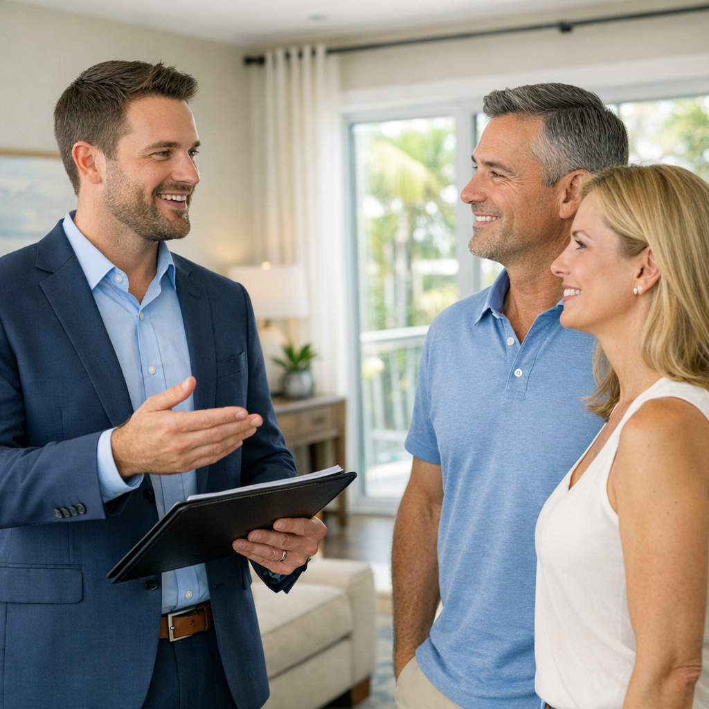 Photorealistic mid-article image of a real estate agent showing a small investment duplex to an investor couple, interior ...