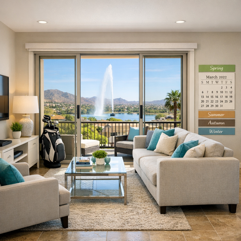 Photorealistic interior shot of a bright, staged condo living room with a skyline view of Fountain Hills through sliding g...