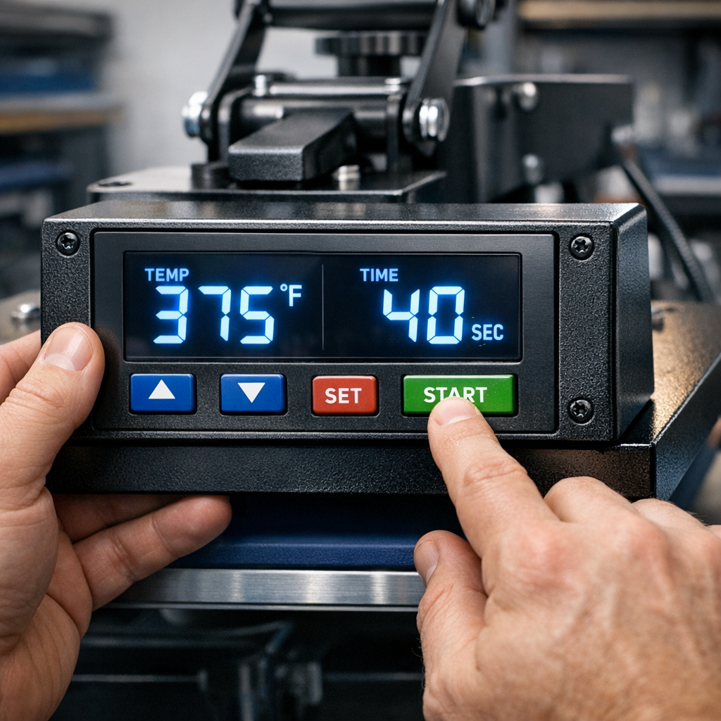 Close-up photorealistic shot of a tech setting a digital heat press control panel, detail on temperature and time readouts...