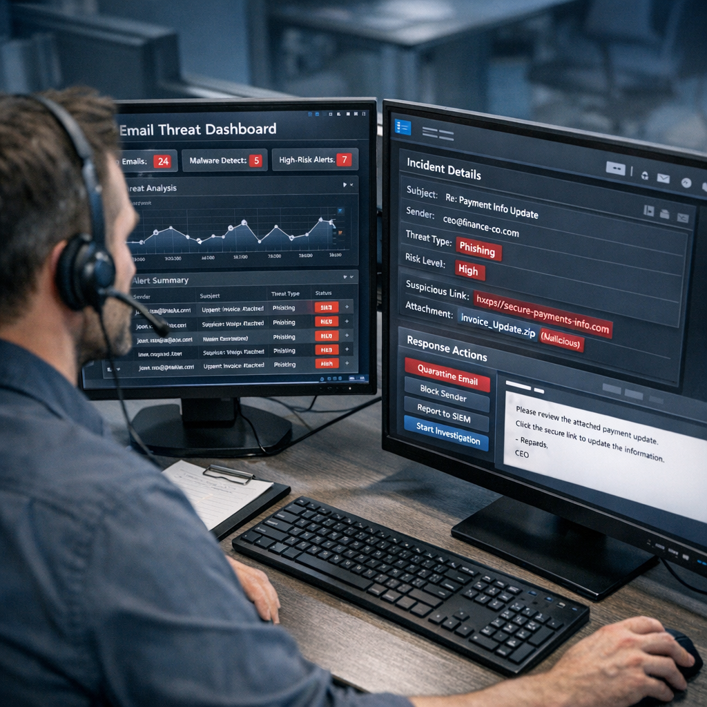 Close-up photorealistic image of a security operations analyst at a desk reviewing an email threat dashboard on a dual-mon...