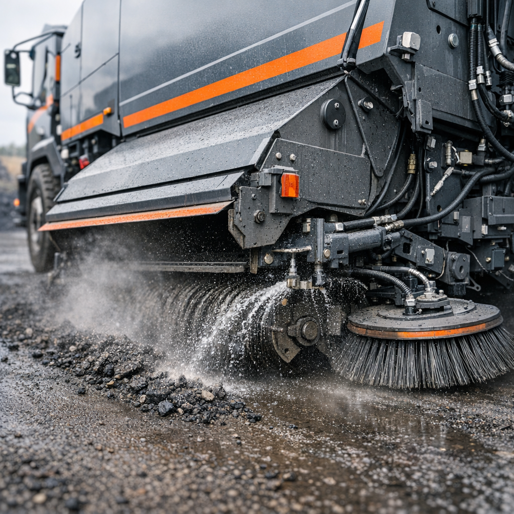 Photorealistic mid-shot of a mechanical broom sweeper performing cleanup on an asphalt milling site, close enough to show ...