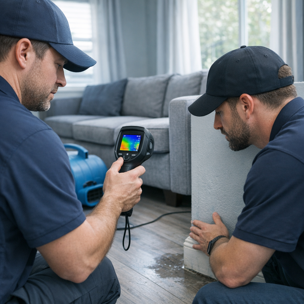 Photorealistic mid-shot of technicians inside a living room setting using a thermal moisture meter and industrial air move...