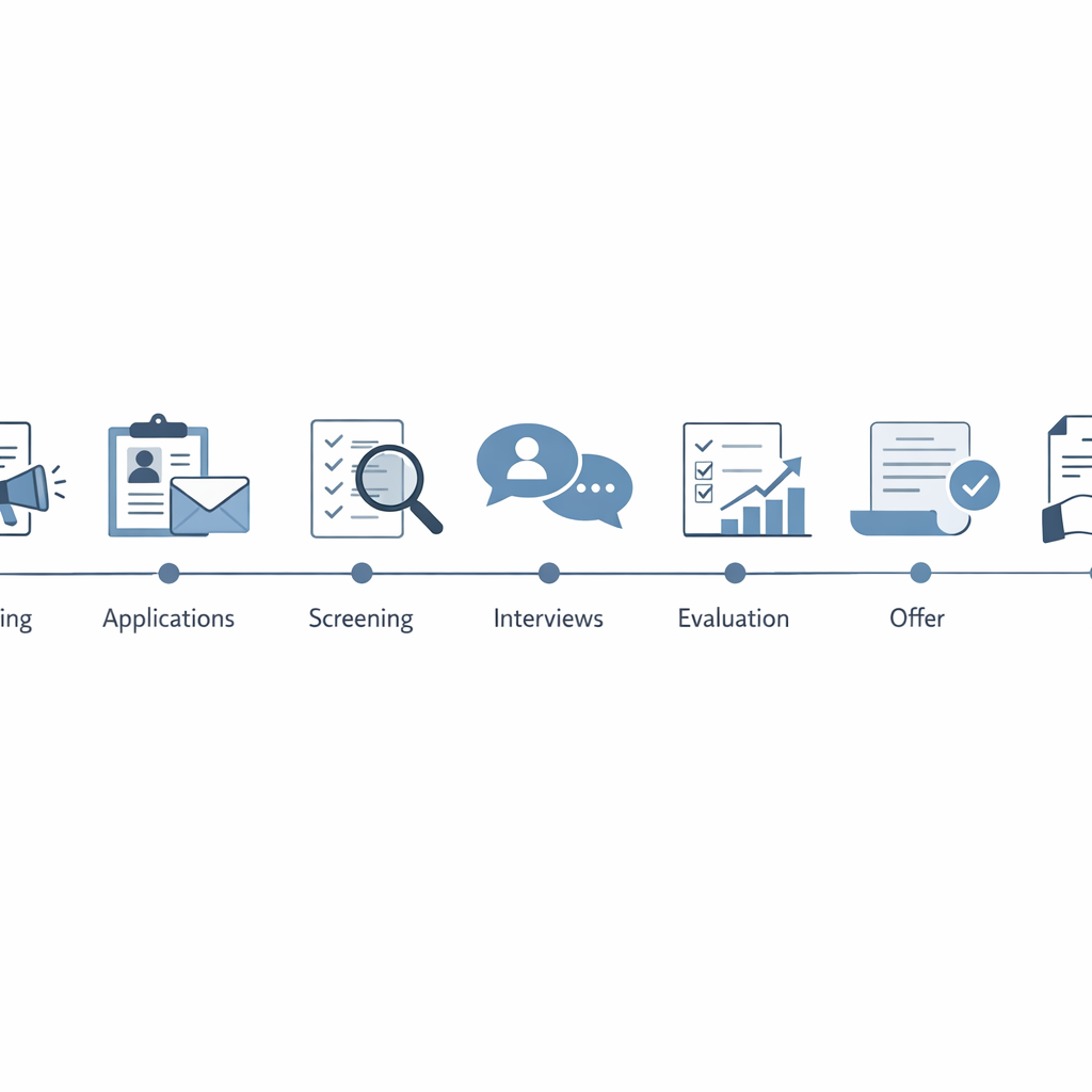 Illustrative mid-article image of a timeline infographic concept showing stages of hiring from posting to offer, minimalis...