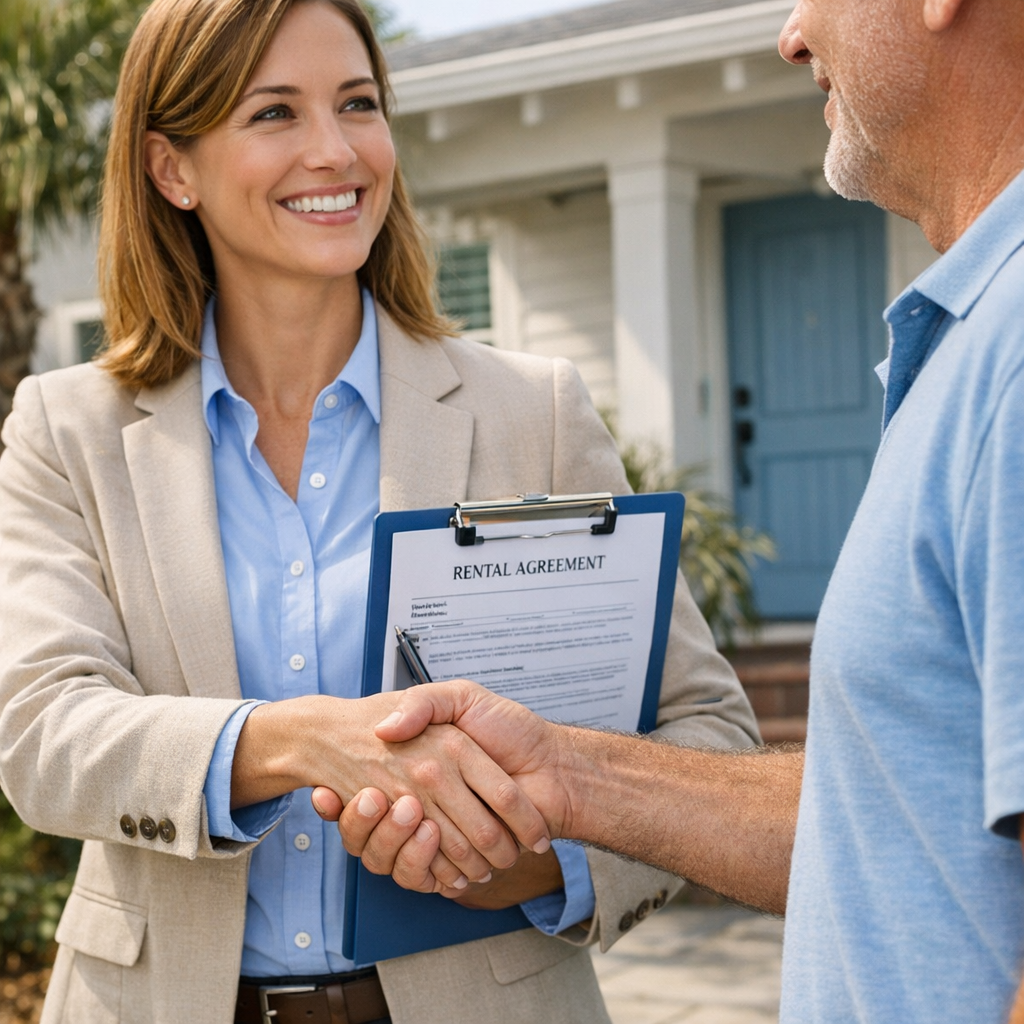 Photorealistic mid-shot of a property manager meeting a landlord outside a single-family rental in a South Florida neighbo...