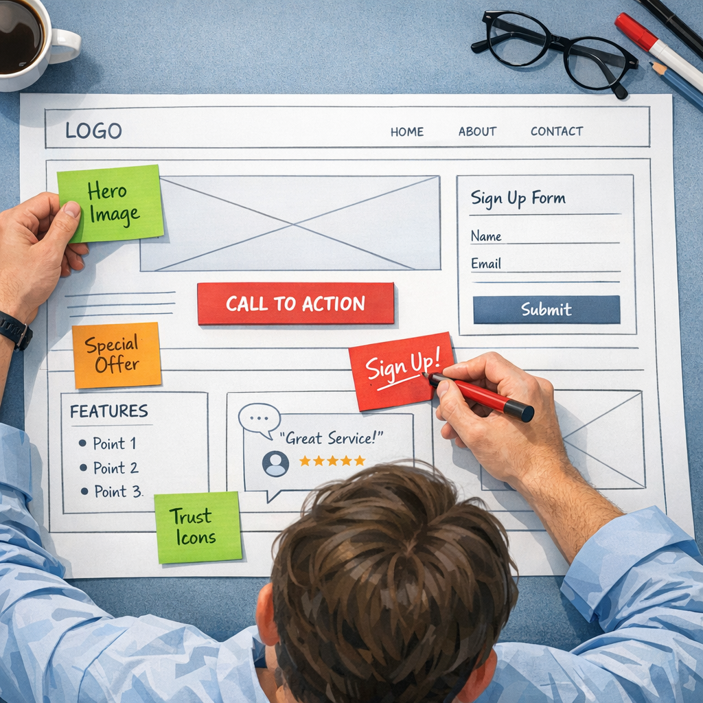 A clean, photorealistic mid-shot of a marketer annotating a website wireframe with red and green sticky notes, modern illu...
