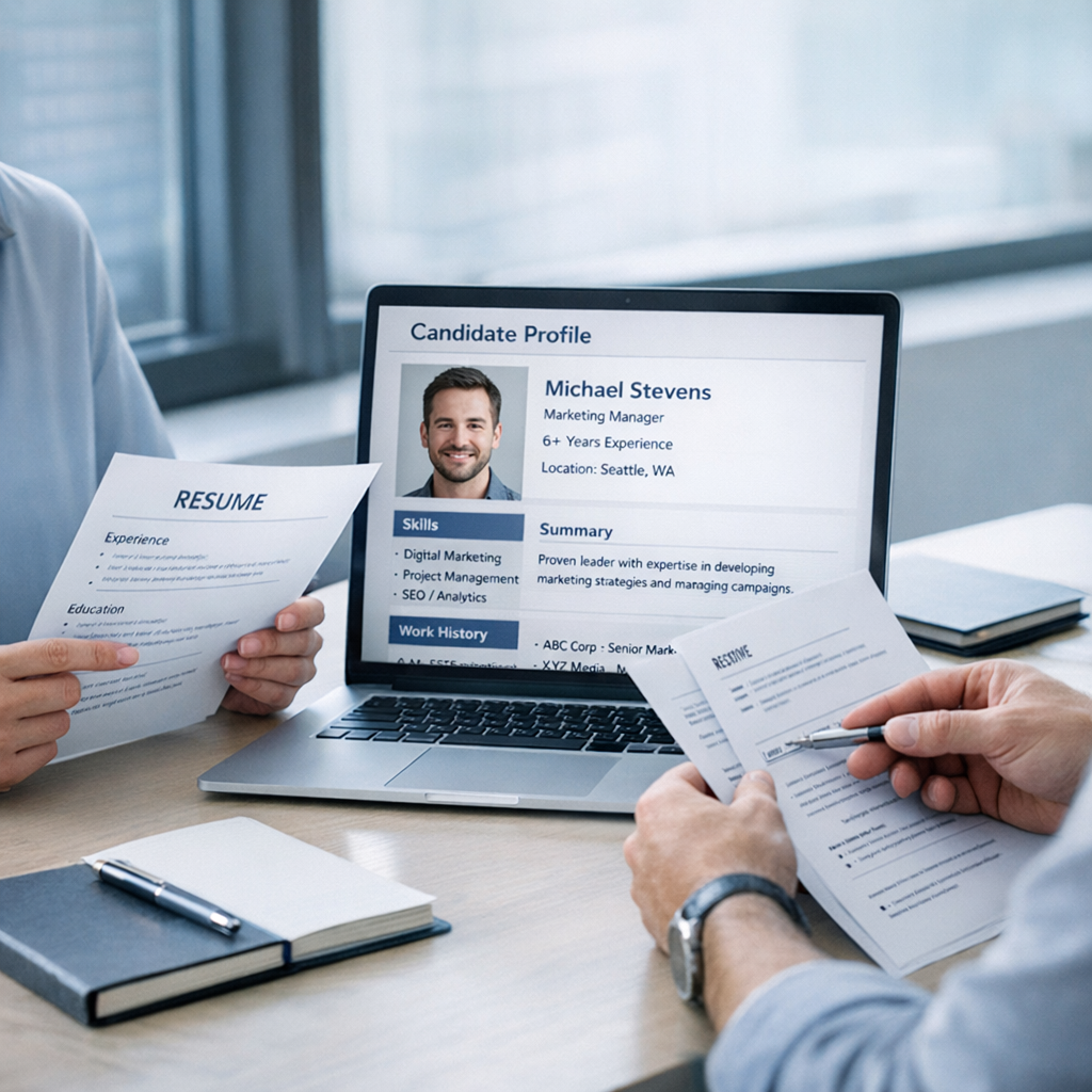Photorealistic mid-shot of a recruiter and a program director reviewing candidate profiles in a modern office, clean minim...
