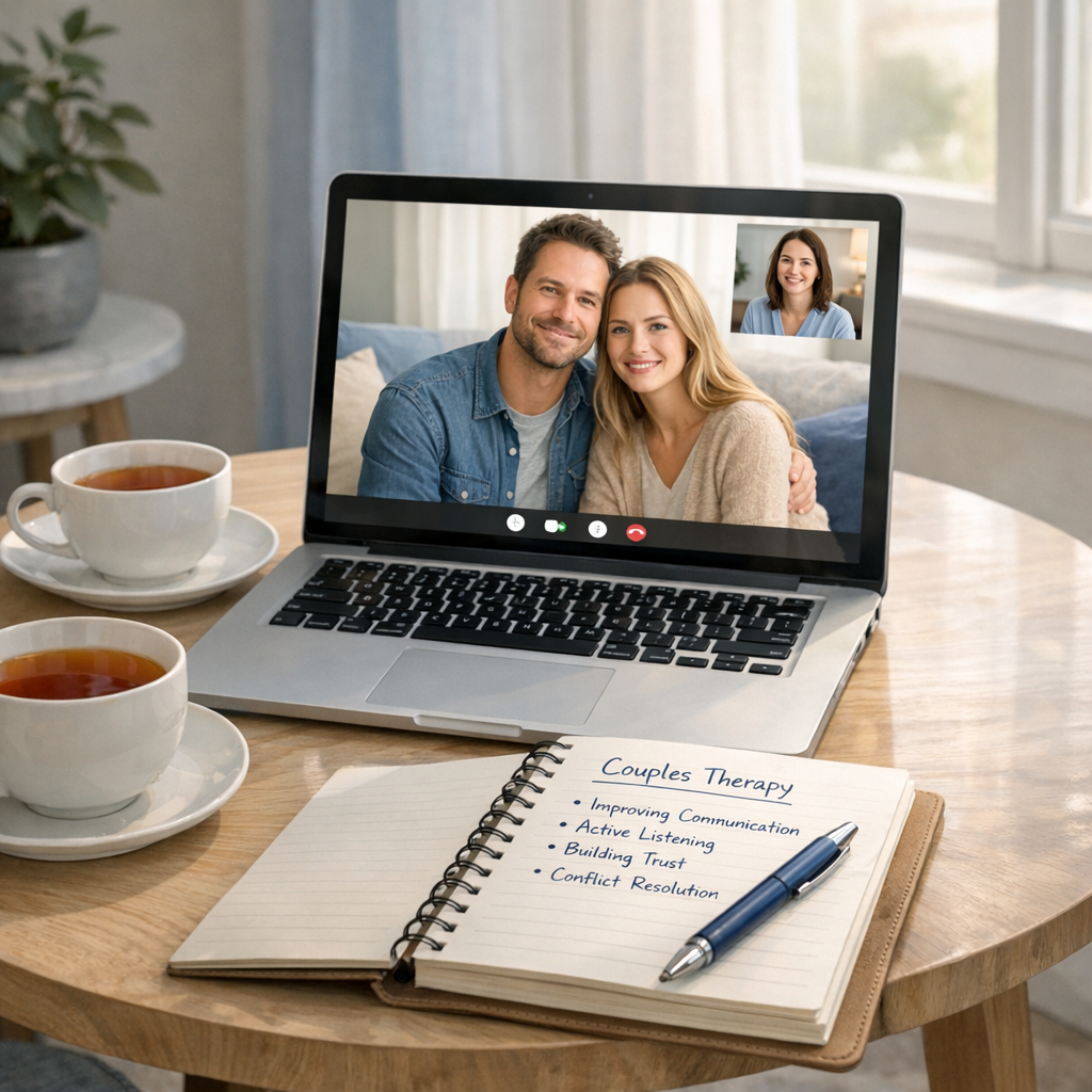 A mid-day, photorealistic scene showing a therapist’s laptop on a small table with two cups of tea, an open notebook with ...