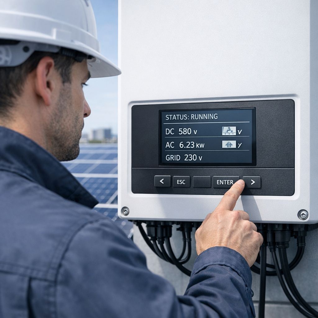 Close-up photorealistic shot showing a technician on a rooftop checking a string inverter display, with a rooftop solar fi...