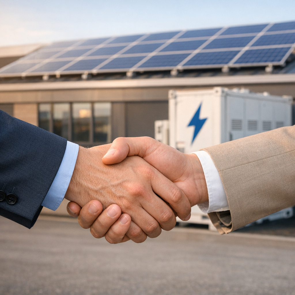 Independent Solar | Commercial Solar Tax Credits 2024 Arizona: Savings Guide Now A professional business handshake in front of a commercial building with rooftop solar and a visible battery container, ph...