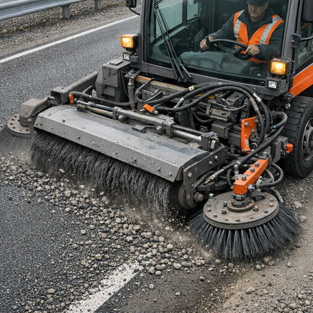 Mid-article photorealistic image of a mechanical broom sweeper performing cleanup on a highway shoulder after chip seal ap...