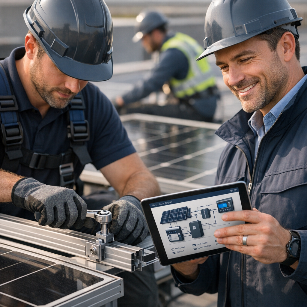 Independent Solar | Commercial Solar Tax Credits 2024 Arizona: Savings Guide Now Close-up photorealistic shot of a commercial rooftop solar installation team, one installer tightening a rail, project man...
