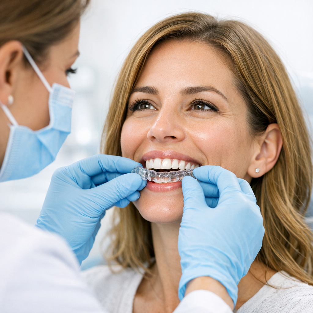 Close-up photorealistic image of a female dentist fitting a custom clear whitening tray in a bright clinic setting, modern...