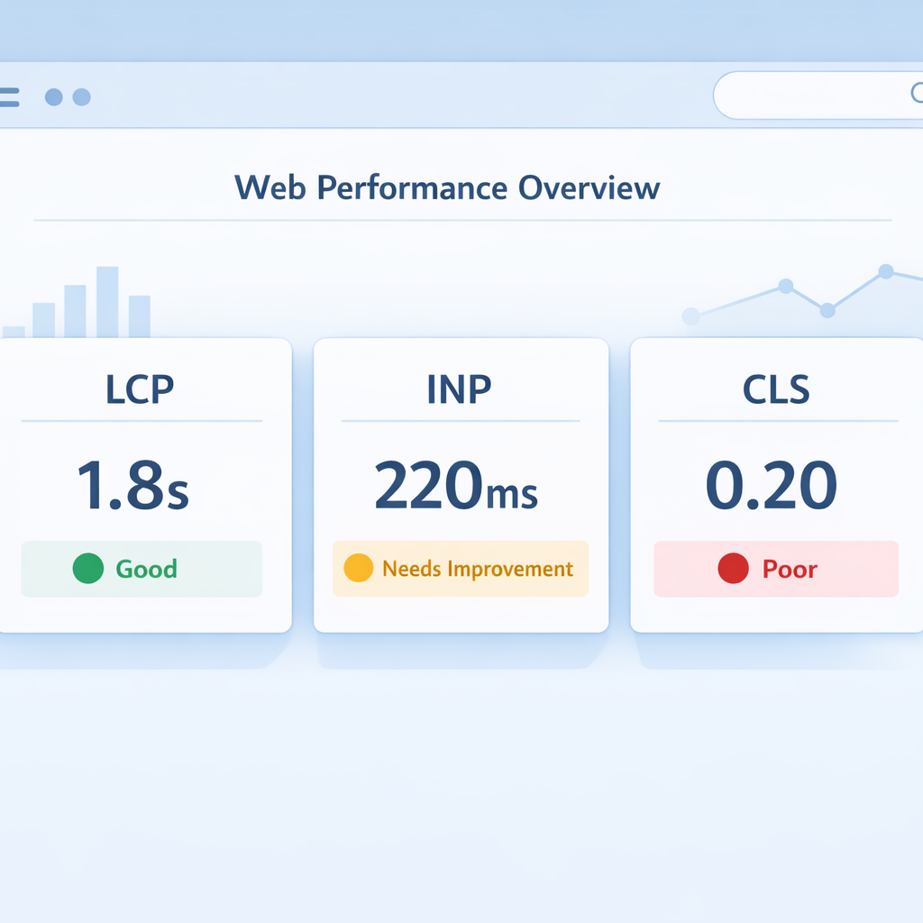 A clean, modern screenshot-style illustration of a web performance dashboard showing LCP, INP, and CLS metrics. The visual...