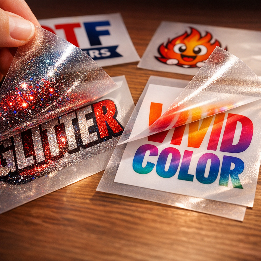 Close-up, photorealistic shot of several DTF transfers being peeled from PET film, one glitter DTF transfer catching light...