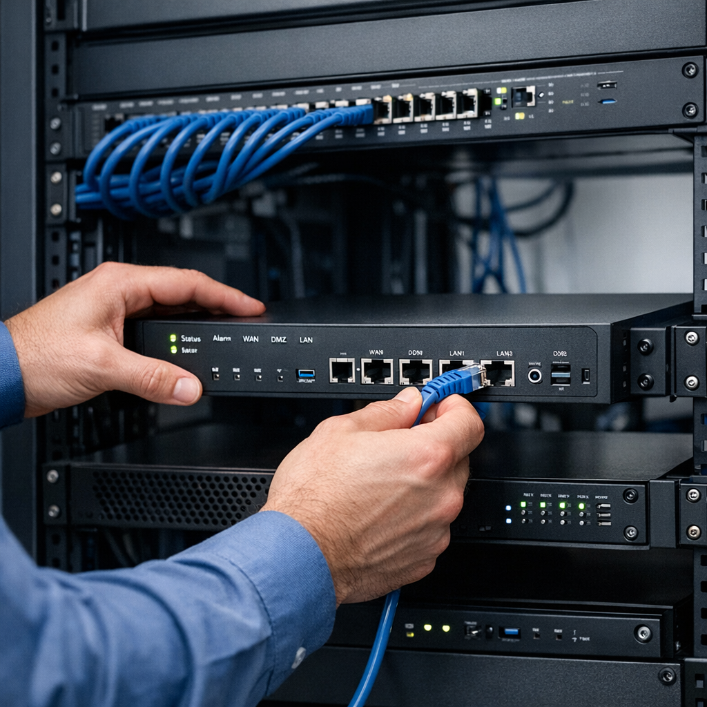 Network System Solutions | Reliable Local IT Support Companies Near Me Arizona | NSSAZ Team Photorealistic mid-shot of a technician installing a business-grade firewall in a clean office network closet, close-up on...