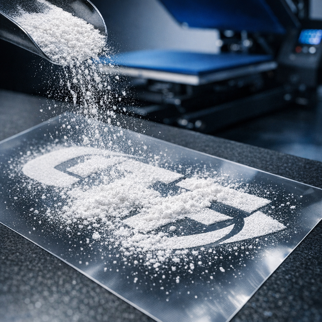 A close-up photorealistic image of a DTF film being dusted with adhesive powder, with a mid-shot of a heat press in the ba...