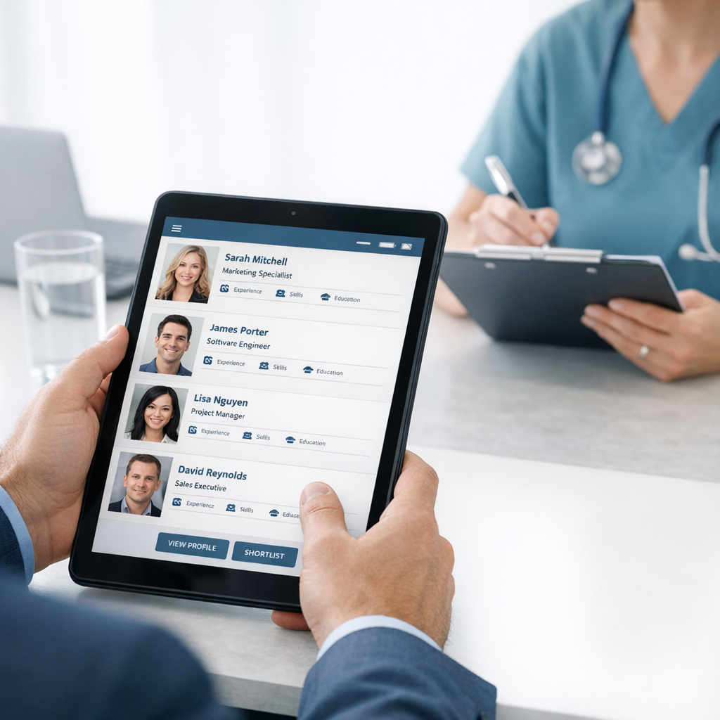 A close-up, photorealistic image of a recruiter reviewing candidate profiles on a tablet while a clinician consults a sche...