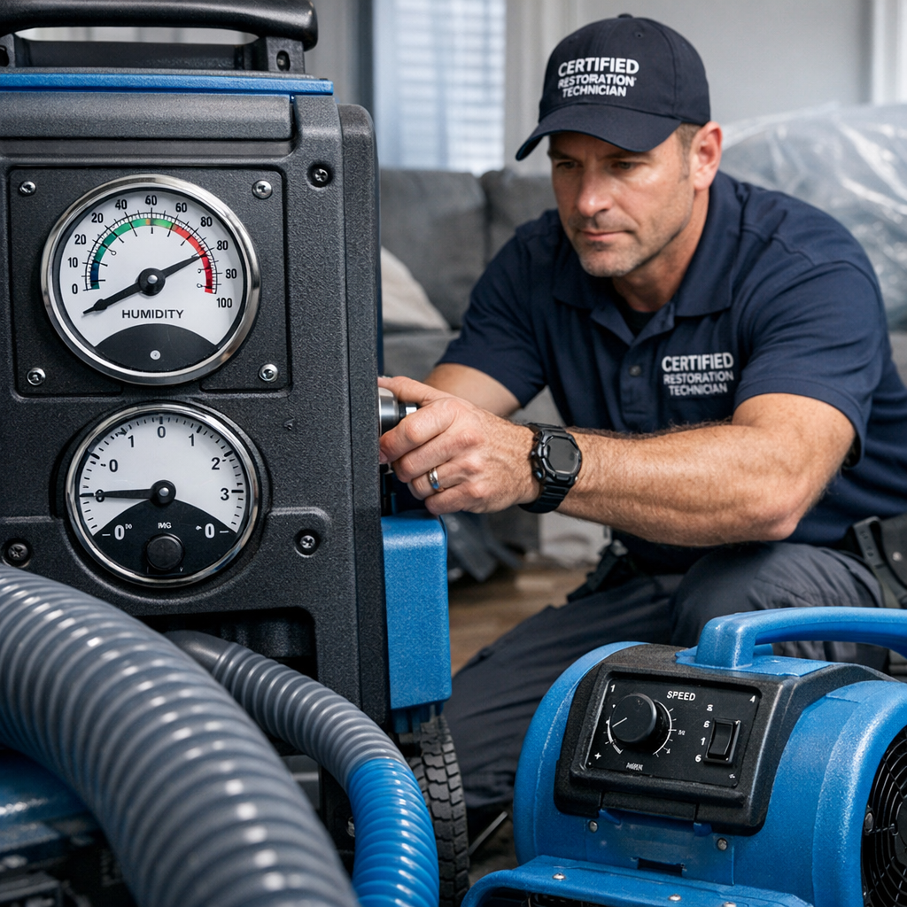 Photorealistic mid-shot of a certified restoration technician setting up a commercial air mover and dehumidifier inside a ...